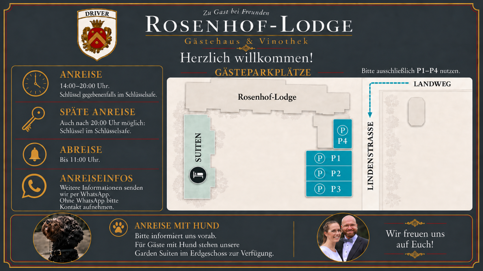 Anreisekarte der Rosenhof-Lodge mit Gästeparkplätzen P1 bis P4 an der Lindenstraße
