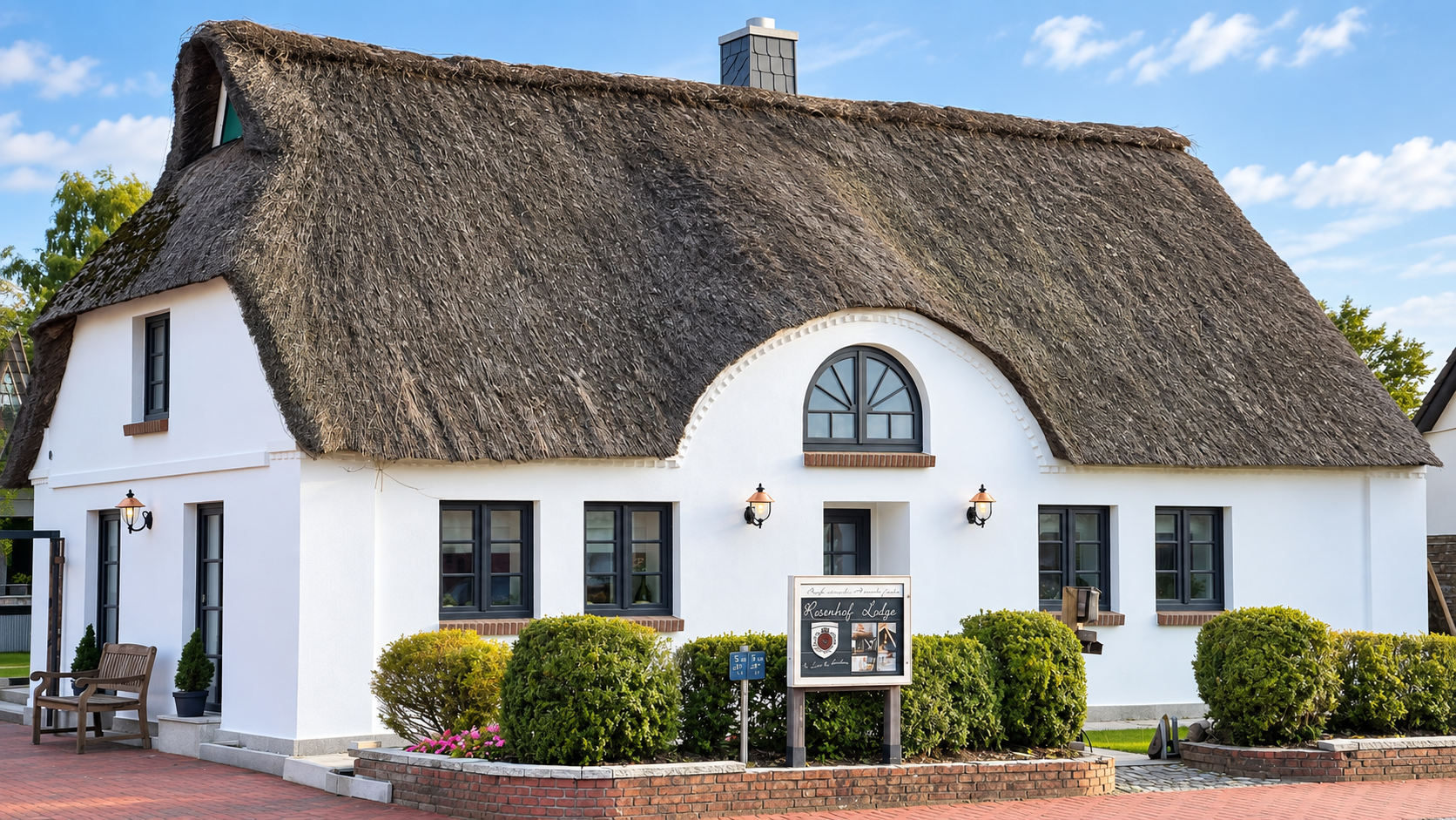 Die Rosenhof-Lodge mit Reetdach und Garten