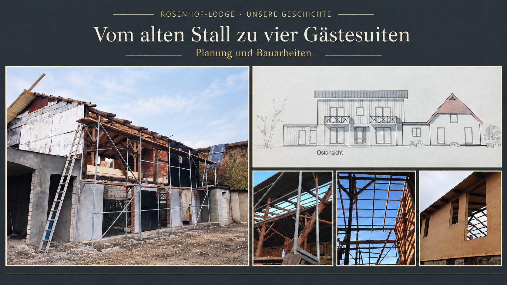 Vom alten Stall zu vier Gästesuiten: Bauplan, offener Dachstuhl und Bauarbeiten an der Rosenhof-Lodge
